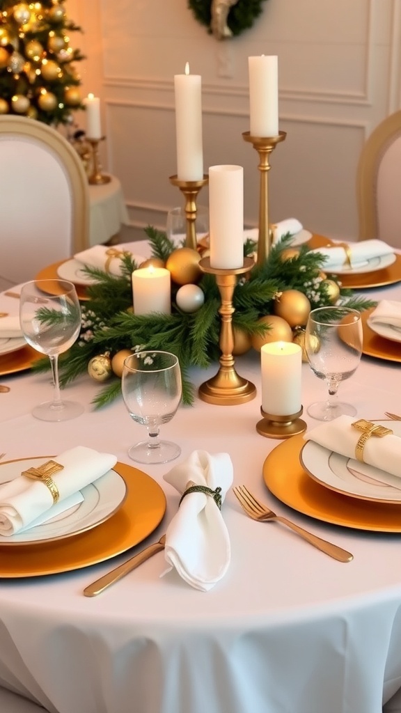 Elegant Christmas table setting with white and gold decorations, featuring candles, greenery, and festive ornaments.